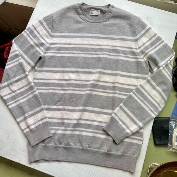 Frank And Oak Merino Wool Crewneck Long-Sleeve Sweater Light Grey Stripe - SZ M - Picture 1 of 9